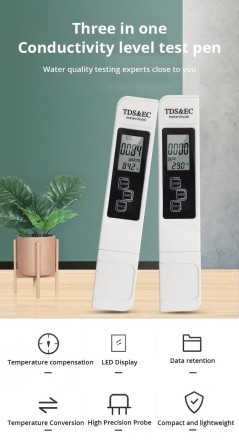 Тестер води TDS, високоточний, портативний, цифровий із багатофункціональним дисплеєм