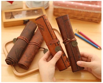 Пенал, сумка-олівець, косметичка, сумка для макіяжу,  футляр для пензлів Мапа Скарбів, ретро, шкіра