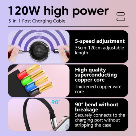 Швидкий зарядний пристрій 3 в 1 висувний телефонний кабель із трьома стандартами 120 Вт 6 А